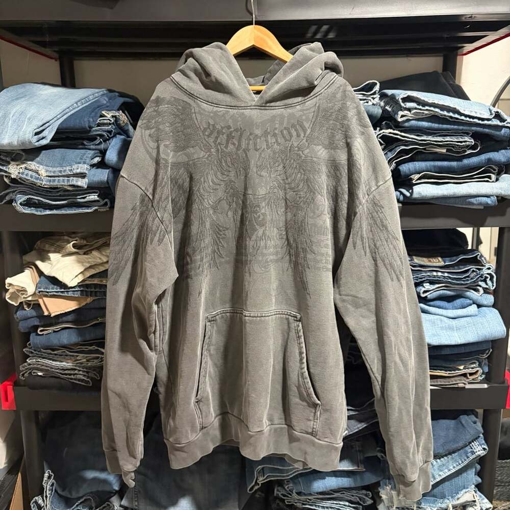 Affliction Grey Wash Winged Graphic Pullover Hoodie XL